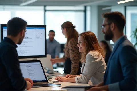 People collaborating with technology in a modern office