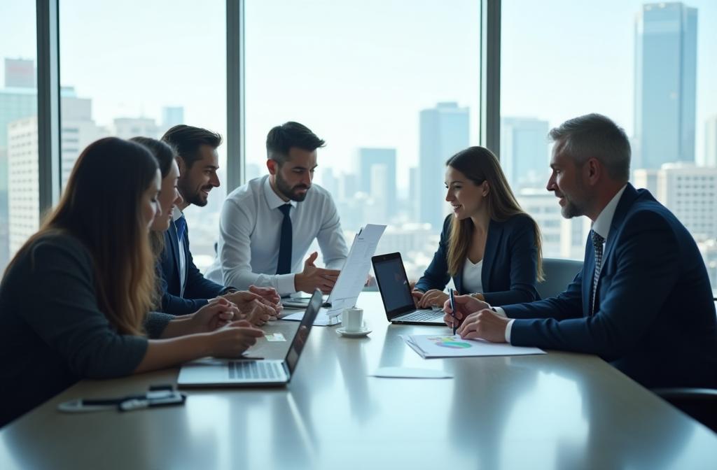 Professional business team discussing strategy in a modern office